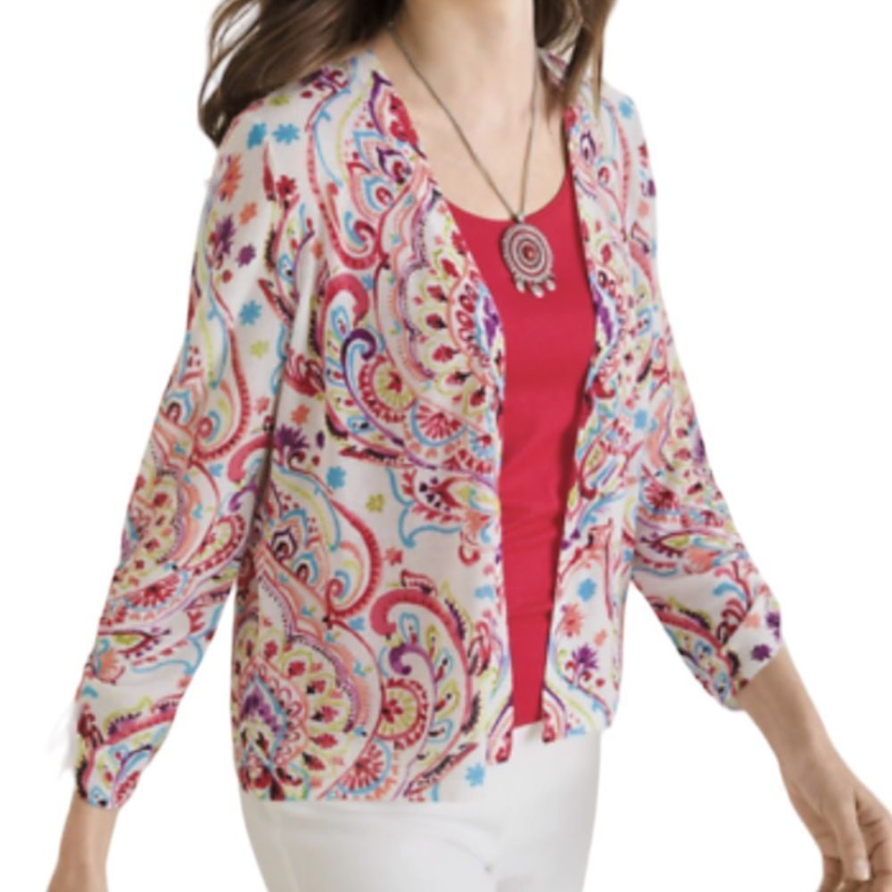 Chico’s Multi Print Ruched Sleeve Cardigan Sweater Size 0 📦